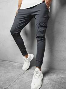 Manfinity Homme Dark Grey Men's Drawstring Waist Skinny Jogger Pants,Solid Color Casual & Stylish Cargo Men Clothes,Autumn Streetwear Gym Joggers For Men - Dark Grey - View 1