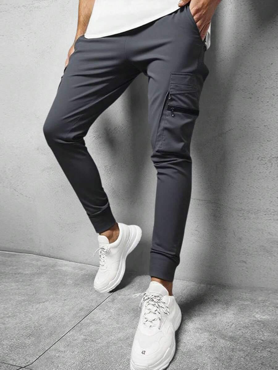 Manfinity Homme Dark Grey Men's Drawstring Waist Skinny Jogger Pants,Solid Color Casual & Stylish Cargo Men Clothes,Autumn Streetwear Gym Joggers For Men - Dark Grey - View 1