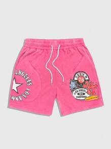 ROMWE MEN Prep Men's Letter Cross Print Drawstring Waist Casual Shorts - Pink - View 1