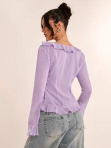 SHEIN BAE 女士春季优雅透明荷叶边喇叭袖雪纺衬衫，适合浪漫约会、女友聚会、度假活动和休闲外出