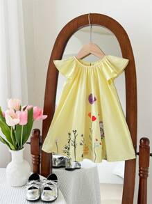 SHEIN Baby Mädchen elegantes Blumenprint gelbes Kleid mit weiter Passform und Flügelärmel, Sommer