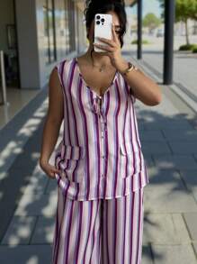 INAWLY 2pcs/Set Plus Size Women Striped Front Tie Sleeveless Blouse And Pants Set - Multicolor - View 6