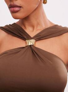 Hauture Women Halter Neck Ruched Brown Crop Top With Gold Ornament - Brown - View 3