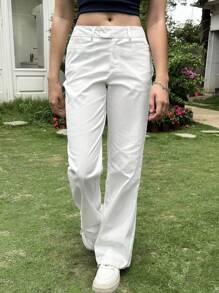 SHEIN EZwear Pantalones rectos casuales y versátiles de color blanco para mujeres - Blanco - Ver 1
