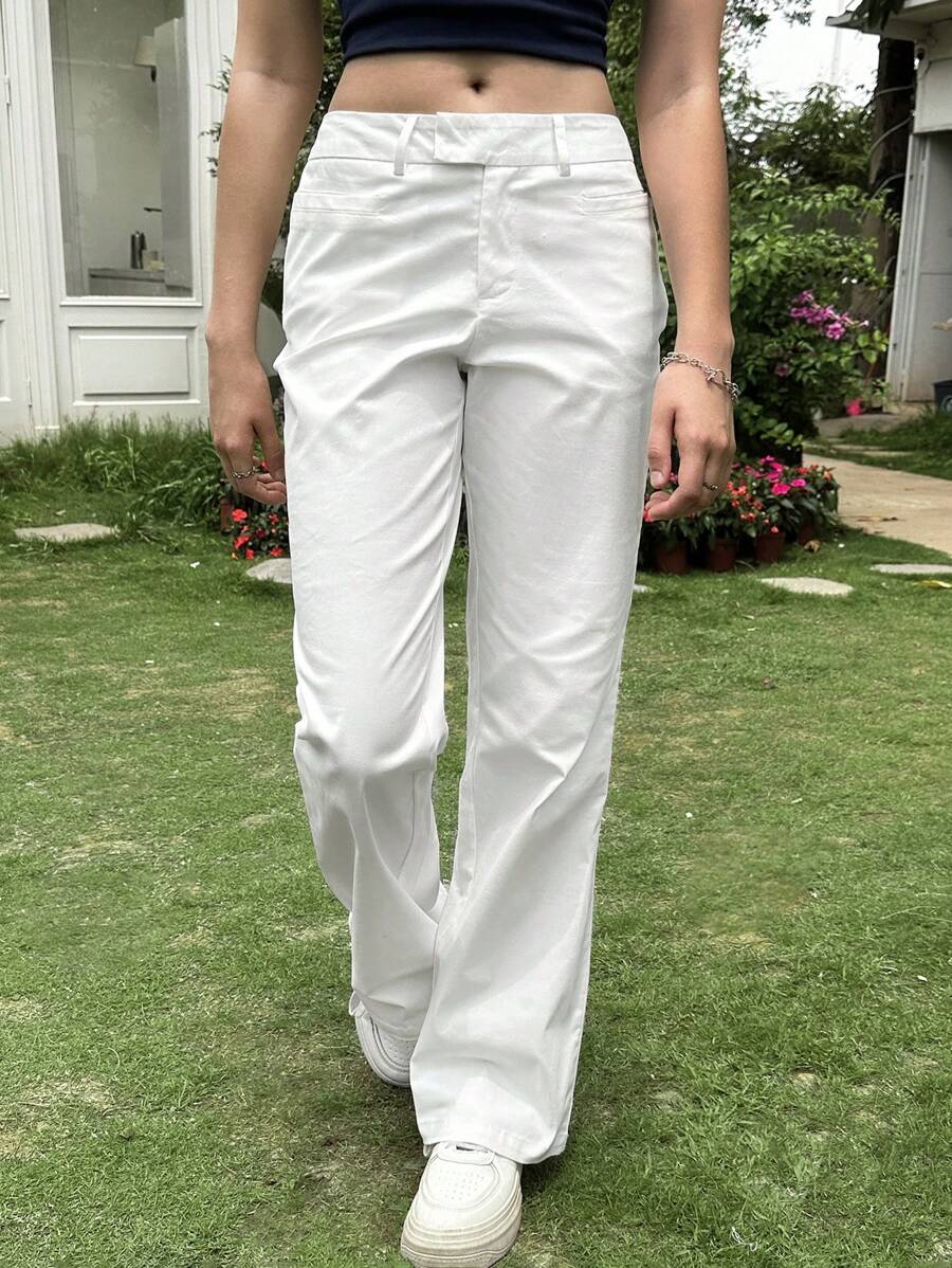 SHEIN EZwear Pantalones rectos casuales y versátiles de color blanco para mujeres - Blanco - Ver 1