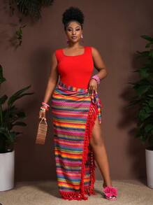 Veslaya Bộ 2 món/Bộ đồ liền quần dệt kim cỡ lớn có xẻ tà, thích hợp cho kỳ nghỉ - Đỏ - Xem 1