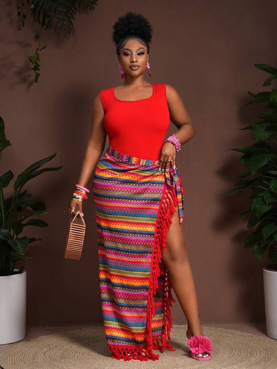 Veslaya Bộ 2 món/Bộ đồ liền quần dệt kim cỡ lớn có xẻ tà, thích hợp cho kỳ nghỉ - Đỏ - Xem 1