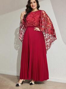 Modelyn Plus Size Women's Lace Patchwork Pleated Elegant Arabic Style Dress - Burgundy - View 6