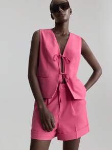 Ontre Bộ vest và quần short vest buộc dây phía trước dành cho nữ, trang phục công sở giáo viên, lễ hội âm nhạc mùa thu/đông - Màu Hoa hồng đỏ - Xem 4