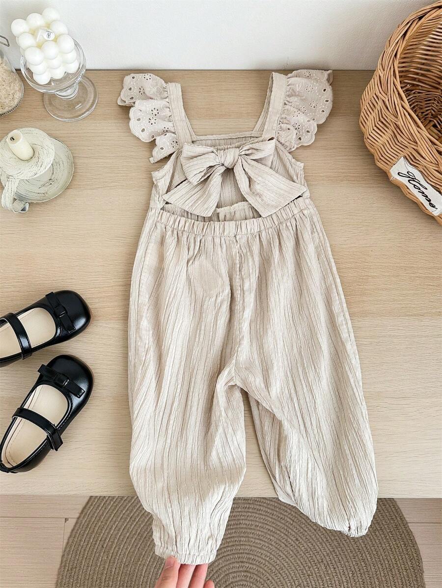 SHEIN LMoss Kids Girl's Cute Apricot Textured Cap Sleeve Jumpsuit, Versatile Summer