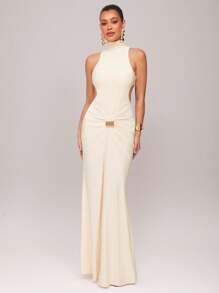 Silquee 女士优雅高领长袖露背性感鸡尾酒裙，金属扣装饰，勃艮第红和紫红色，弹力针织面料，及踝长，适合鸡尾酒会、浪漫约会、秋冬针织长裙、正式派对、婚礼、伴娘、晚礼服、万圣节、圣诞节 - 杏色 - 查看 5