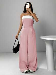 Muchica Women's Casual Contrast Color Summer Jumpsuit - Baby Pink - View 4