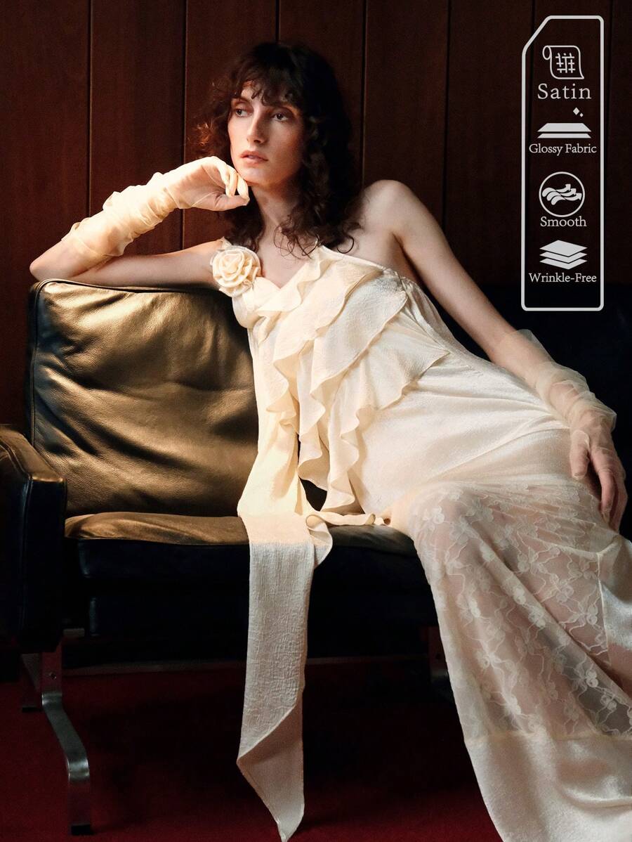 SHEIN LUNE Đầm Maxi Sexy Dây Đeo Spaghetti Màu Trơn Viền Xếp Ly Viền Xếp Nếp Cho Nữ, Thích Hợp Cho Tiệc/Hẹn Hò, Mùa Xuân/Hè - Màu be - Xem 1