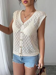 Elenzga Áo len cardigan dệt kim khoét lỗ màu trơn thường ngày mùa hè cho nữ - Màu be - Xem 5