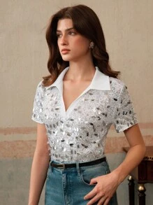 Anewsta Blouse femme élégante à col polo avec ornements de sequins, manches courtes. Parfaite pour le printemps, l'été, les festivals et les remises de diplômes. - Argent - Voir 7