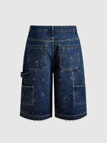 ROMWE MEN ROMWE Avant Men's Loose Fit Sparkling Diamond Decoration Denim Shorts - Blue - View 9