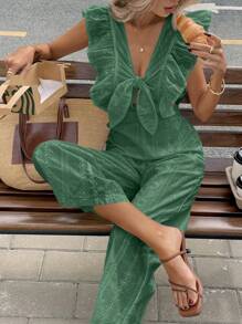 SHEIN Frenchy Women's Vacation Elegant Tie Cap Sleeve Waisted Back Deep V Solid Color Fabric Embroidery Straight Wide Leg Jumpsuit Summer Vacation Outfits Women Vacation Outfits Woman Spring Outfits For Women Summer Outfits For Women Wedding Guest Dress Women Rompers For Women Summer European Summer Green - Green - View 7
