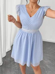 Elenzga Plus Size Women Textured Chiffon Floral Lace Trim V-Neck Ruffle Short Sleeve Back Tie Waist Blue Summer Vacation Dress - Blue - View 4