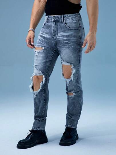 FeverCity Fever City Fashion Distressed Slim Fit Cat's Whiskers Ripped Jeans Pants For Men