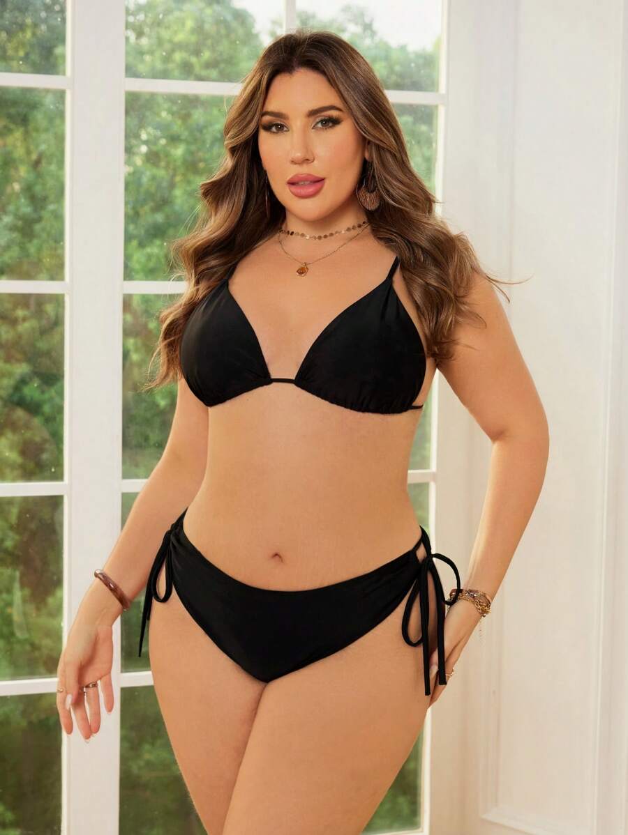 Swim Basics 大码女式纯色抽绳三角比基尼泳裤 - 黑色 - 查看 1