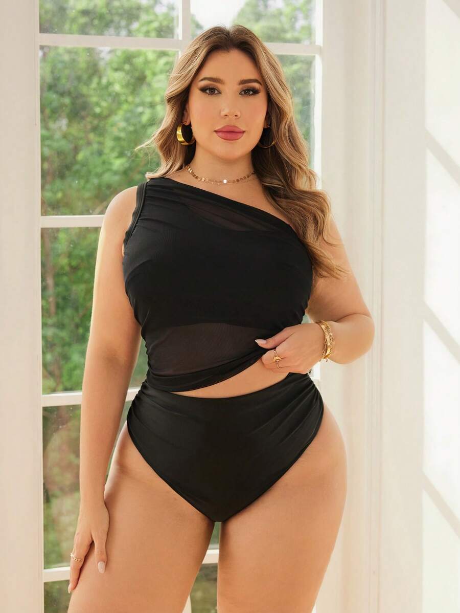 Swim Lushoire 2pcs Plus Size Women Black Mesh Spaghetti Strap High Waist Ruffled Drawstring Bowknot Triangle Bikini Set, Fashionable Minimalist Daily Casual Swimwear For Summer Beach Vacation