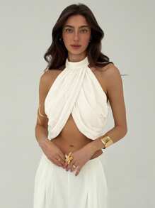 Aloruh 女士雪纺度假休闲时尚交叉褶皱后颈纽扣优雅性感衬衫