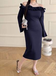 Modelyn Plus Size Elegant Off Shoulder Ruffle Bell Sleeve Dress - Blue - View 4
