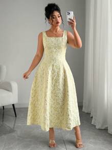 Elenzga Vestido de mujer de talla grande con cuello cuadrado, sin mangas y con textura en relieve - Amarillo - Ver 4