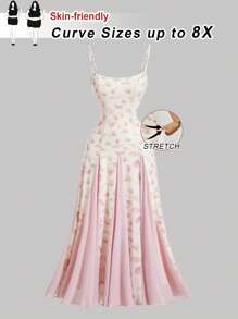SHEIN CURVE+ Vestido largo de mujer talla grande con estampado de tulipanes en rosa, vestido de verano con gran dobladillo, vestido de graduación, vestido de playa para mujer, curvas, conjunto bohemio de vacaciones en la playa para mujer/vestido de playa/conjuntos de vacaciones en la playa/esenciales de playa/graduación/vestido de té - Multicolor - Ver 1