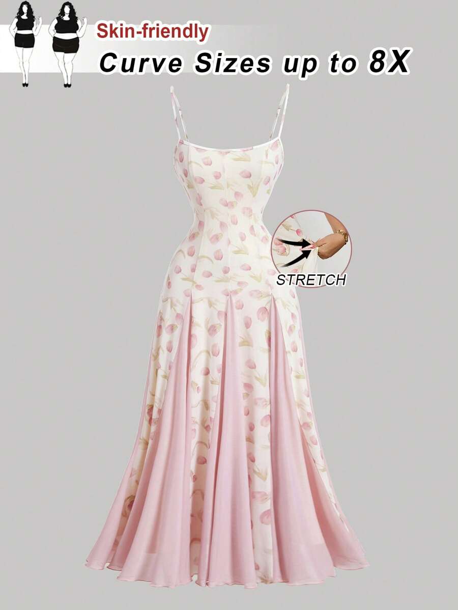 SHEIN CURVE+ Vestido largo de mujer talla grande con estampado de tulipanes en rosa, vestido de verano con gran dobladillo, vestido de graduación, vestido de playa para mujer, curvas, conjunto bohemio de vacaciones en la playa para mujer/vestido de playa/conjuntos de vacaciones en la playa/esenciales de playa/graduación/vestido de té - Multicolor - Ver 1