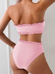 SHEIN Swim 女式夏季海滩纯色荷叶边抹胸比基尼套装，前结两件套泳衣，黑色泳衣 - 粉色 - 查看 2
