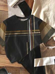 SHEIN Set de 3 camisetas de manga corta con estampado gráfico de bloques de color de estilo clásico casual para niños preadolescentes, aptas para el verano - Multicolor - Ver 3