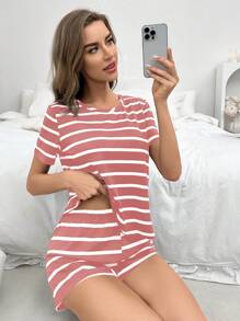 CoupledUp Set de 2 piezas de pijama informal de mujer a rayas rosa y blanco - shorts