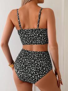 SHEIN Swim Women's 2-Piece Ditsy Floral Spaghetti Strap Crop Top And High Waisted Bikini Set Set, Vacation & Casual For Summer