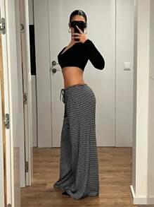 SHEIN ICON Damen Gestreifte Lange Hosen, Y2K Mode Lässige Gerade Bein Hosen mit Tunnelzug für Zuhause