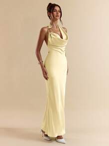 SHEIN BAE Spring/Summer Green Sexy Deep Draped Neck Metal Decor Open Back Extra Long Satin Mermaid Hem Dress, Bridesmaid Dress, Satin Dress, Sexy Dress,Butter Yellow Dress - Yellow - View 4