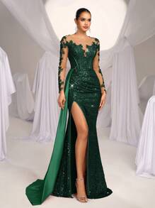 Glamrae Elegant Luxurious Embroidered Sequin Lace Satin Ruched Slit Fishtail Maxi Dress With Train,Formal Gown For Wedding Guest,Parties,Galas,Valentine's Day - Dark Green - View 8