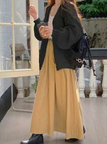 DAZY 1 Áo khoác cardigan dài tay trơn màu cho nữ, áo tối giản thường ngày, áo khoác nữ mùa thu - màu đen - Xem 4