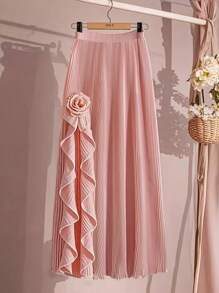 SHEIN Clasi Gonna elegante con vita elastica, colore unito, decorazione floreale 3D, taglie comode