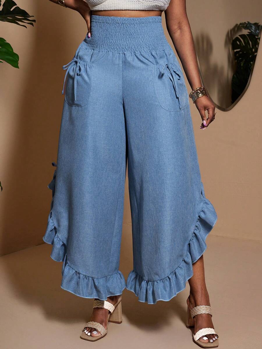Maweii Pantalones informales casuales de talla grande con decoración de lazo y dobladillo con volantes