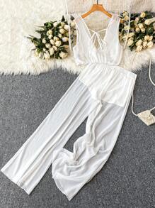 SHEIN LUNE مجموعة من قطعتين للمرأة ذات الحجم الكبير: ملابس علوية قصيرة بياقة على شكل حرف V وشبكة مرنة في الخصر وبنطلون، أنيقة وعصرية للاستخدام اليومي، مناسبة للربيع والصيف - أبيض - مشاهدة 2