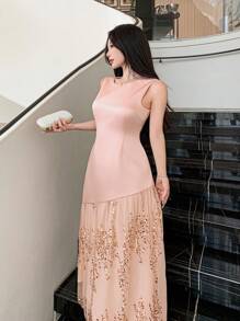 DAZY Abito midi da donna con scollo rotondo, senza maniche, con patchwork di paillettes. Abito da cerimonia di lusso, elegante, scintillante, adatto per carnevale. - Rosa - Visualizzare 4