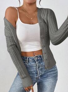 SHEIN Frenchy Women's Casual Everyday Solid Color Hollow Knit Cardigan Fall Clothes For Women,Tops For School Winter - Grey - View 3