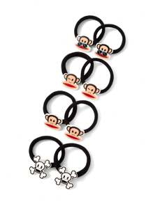 Paul Frank X SHEIN 8pcs Cute Cartoon Monkey & Black Elastic Hair Ties, Ponytail Holders - Black - View 5