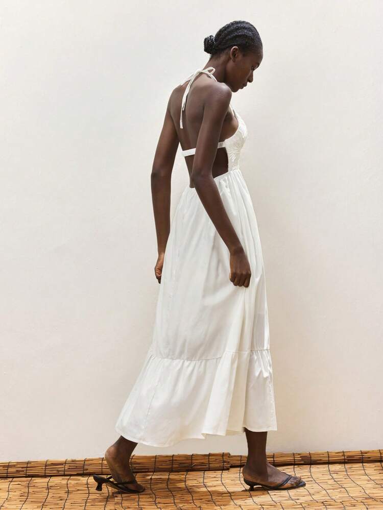 SHEIN Maija Women's White U-Neck Dress, Open Back Tie-Up Solid Color Loose A-Line Vacation Dress For Summer