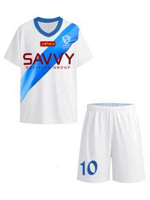SHEIN Conjunto de ropa de verano para niños, camiseta de manga corta y pantalones cortos, conjunto casual cómodo y con estampado gráfico de fútbol, apropiado para exterior, escuela, verano