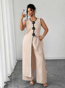 SHEIN LUNE Plus Size Sleeveless Round Neck 2 Pieces Set With 3D Flower Decor, Casual Wear For Outing & Commute - Apricot - View 3