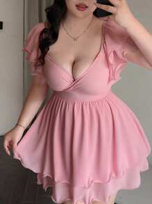 Plus Size Women's Vintage Floral Square Neck Ruffle Hem A-Line Knee Length Spring/Summer Dress, Pink - Pink - View 3