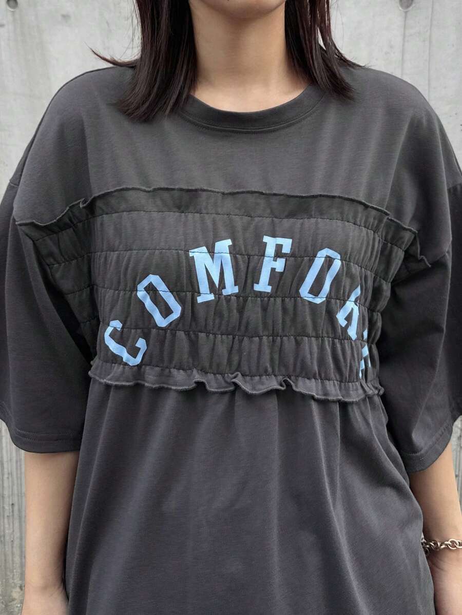 FRIFUL Women Vacation Contrast Trim Front Letter Colorblock Decor Round Neck Short Sleeve Casual T-Shirt, Summer Street Wear & Beach - Dark Grey - View 1