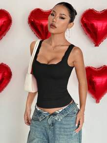 SHEIN PETITE Sexy Square Neck Lace Patchwork Women's Camisole, Form-Fitting Slim Black Tank Top - Black - View 5